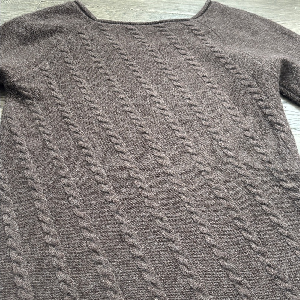 Raffi |100% Cashmere Chocolate Brown Cable Knit Scoop Neck Sweater Fringe Hem SM - Picture 14 of 14